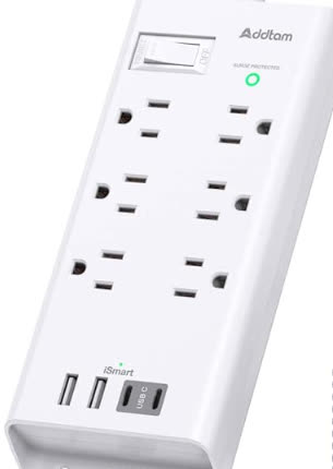 Addtam Surge Protector Power Bar, 5 Feet(1.5M) Flat Plug Extension Cord Indoor, Power Strip with 6 Outlets Charger, 3 USB Port, Compact Size Desktop Charging Station Wall Mount for Home, Office, Dorm